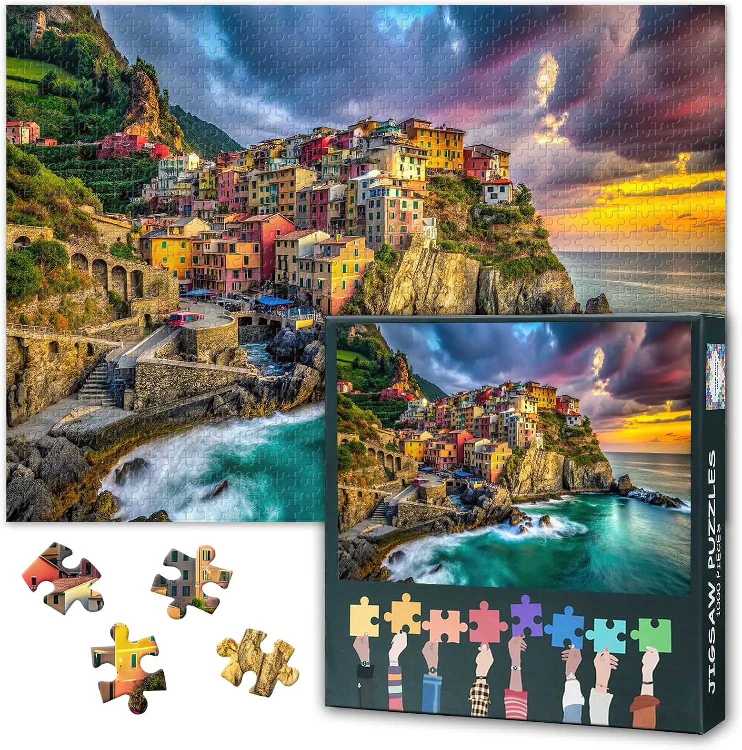 Cinque Terre - Stunning 1000 Piece Puzzle for Adults - Cinque Terre Coastal Natural Sunset Over The Sea Challenging Puzzle for Game Nights - Finished Size is 27.5" x 19.6"/ 70 x 50cm