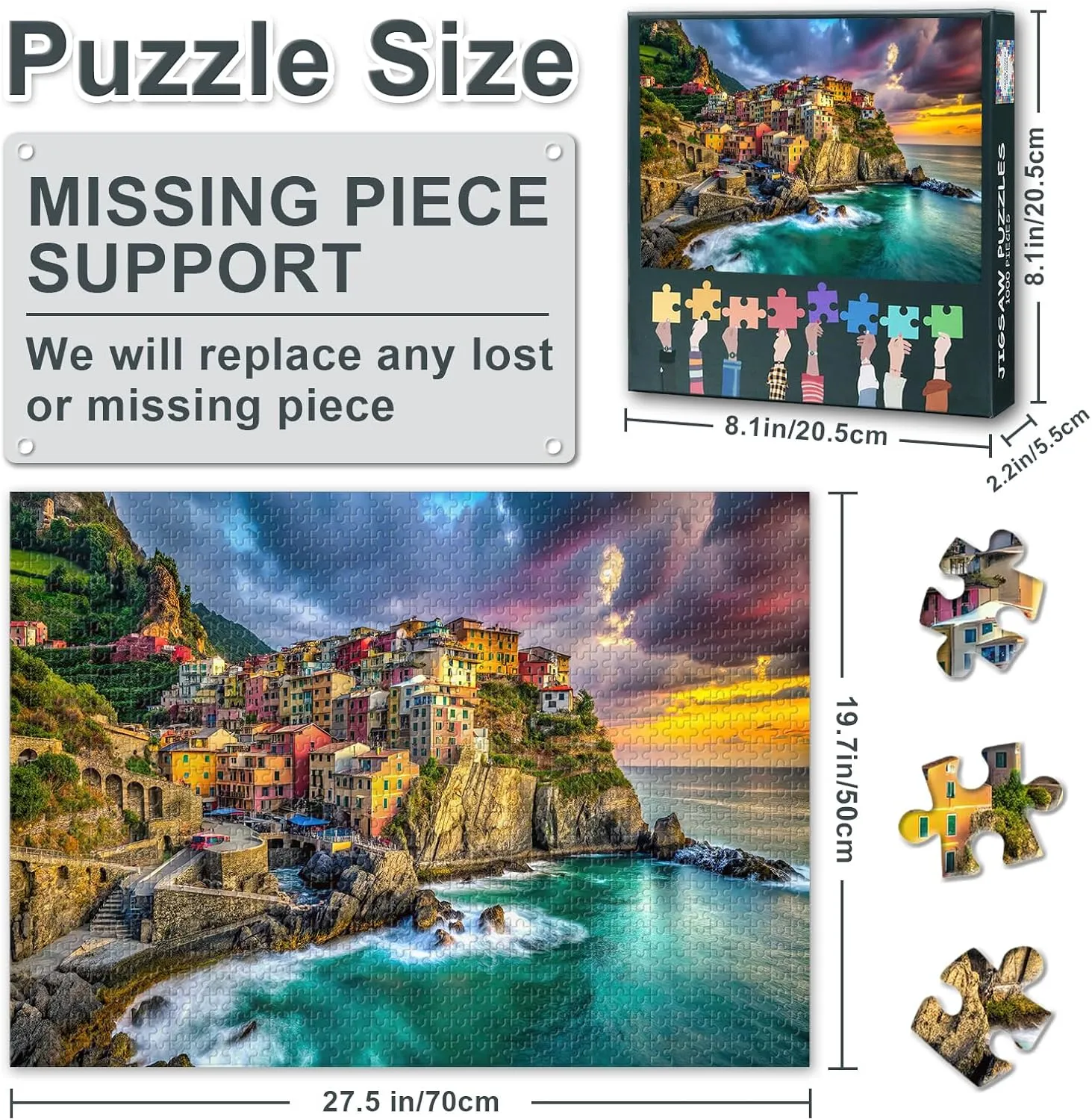 Cinque Terre - Stunning 1000 Piece Puzzle for Adults - Cinque Terre Coastal Natural Sunset Over The Sea Challenging Puzzle for Game Nights - Finished Size is 27.5" x 19.6"/ 70 x 50cm