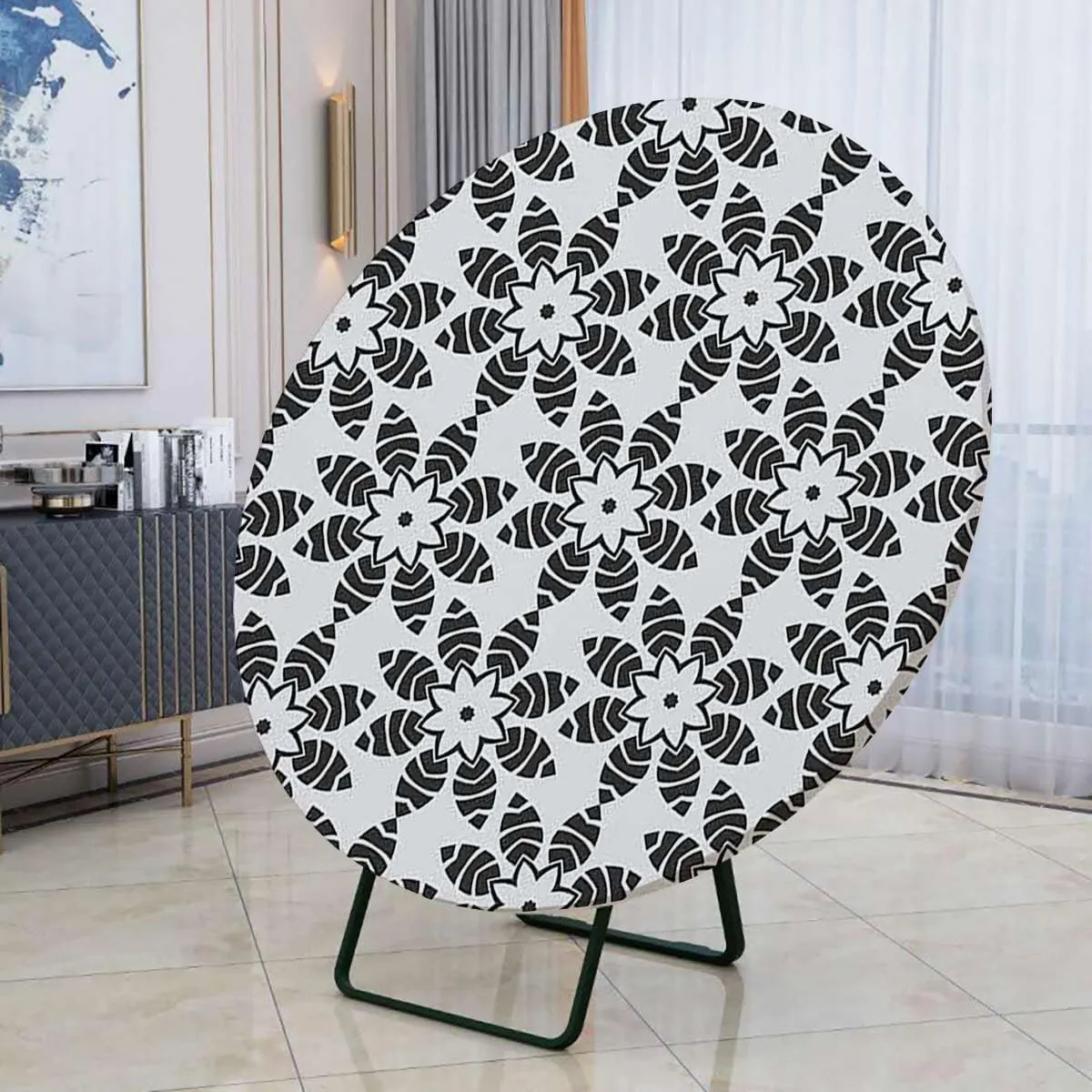 Circular Elastic Edge Fitting Tablecloth Traditional Artwork with Floral Patterns Kitchen Circular for Outdoor and Indoor Resistant Wrinkle Geometry Fits up 42"-46" Diameter Tables Black White