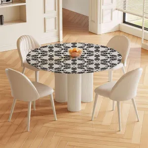 Circular Elastic Edge Fitting Tablecloth Traditional Artwork with Floral Patterns Kitchen Circular for Outdoor and Indoor Resistant Wrinkle Geometry Fits up 42"-46" Diameter Tables Black White