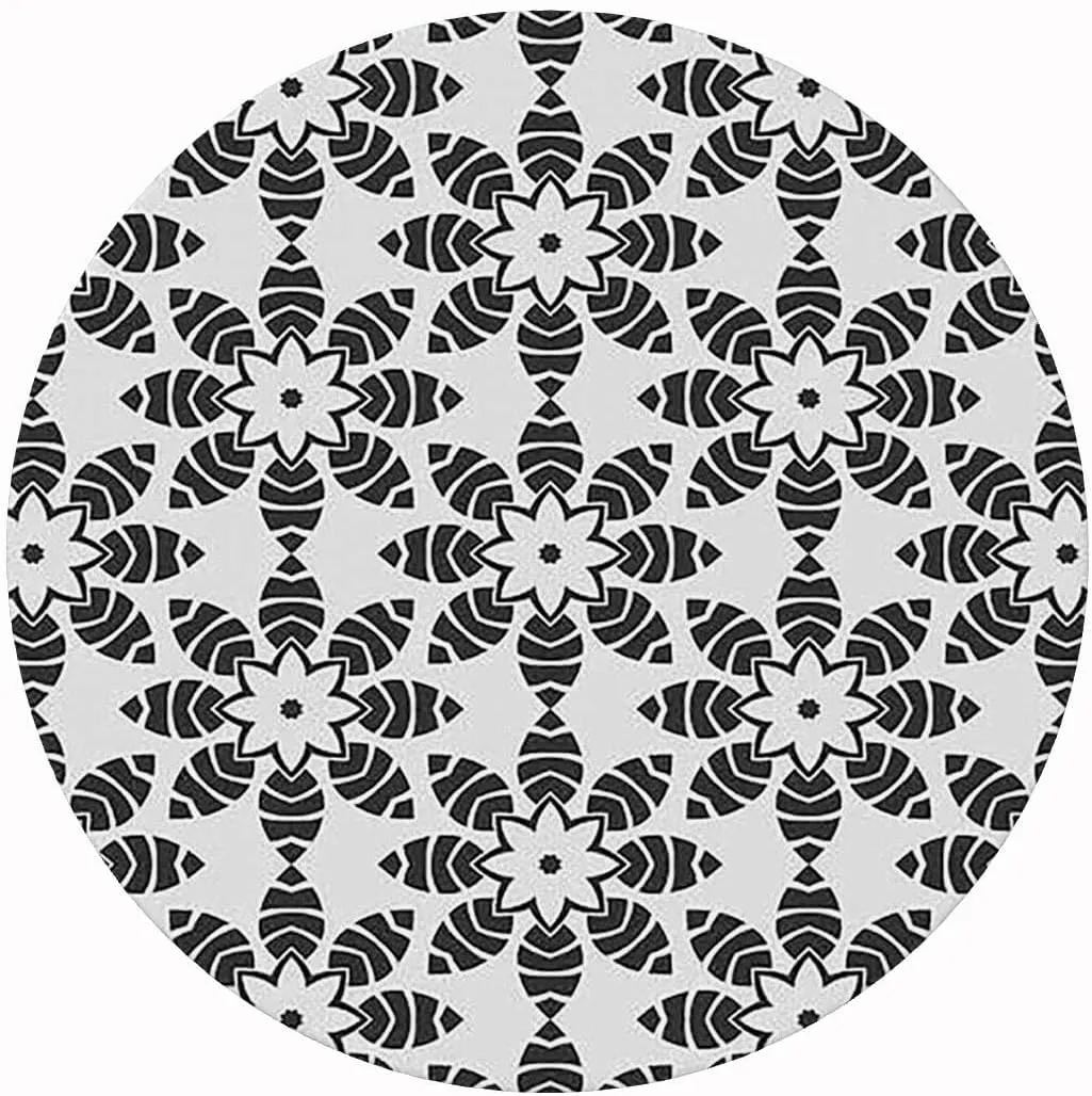 Circular Elastic Edge Fitting Tablecloth Traditional Artwork with Floral Patterns Kitchen Circular for Outdoor and Indoor Resistant Wrinkle Geometry Fits up 42"-46" Diameter Tables Black White