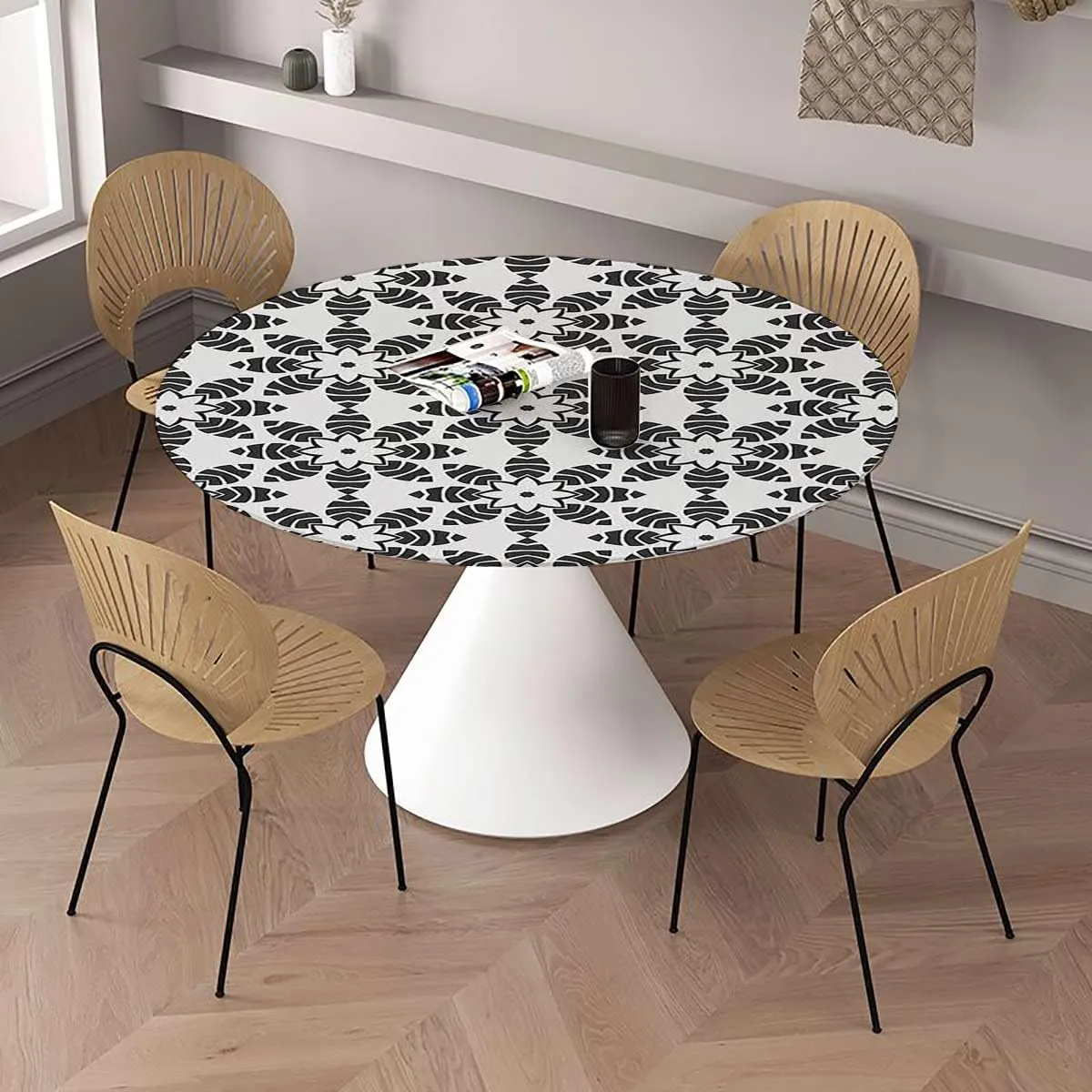 Circular Elastic Edge Fitting Tablecloth Traditional Artwork with Floral Patterns Kitchen Circular for Outdoor and Indoor Resistant Wrinkle Geometry Fits up 42"-46" Diameter Tables Black White