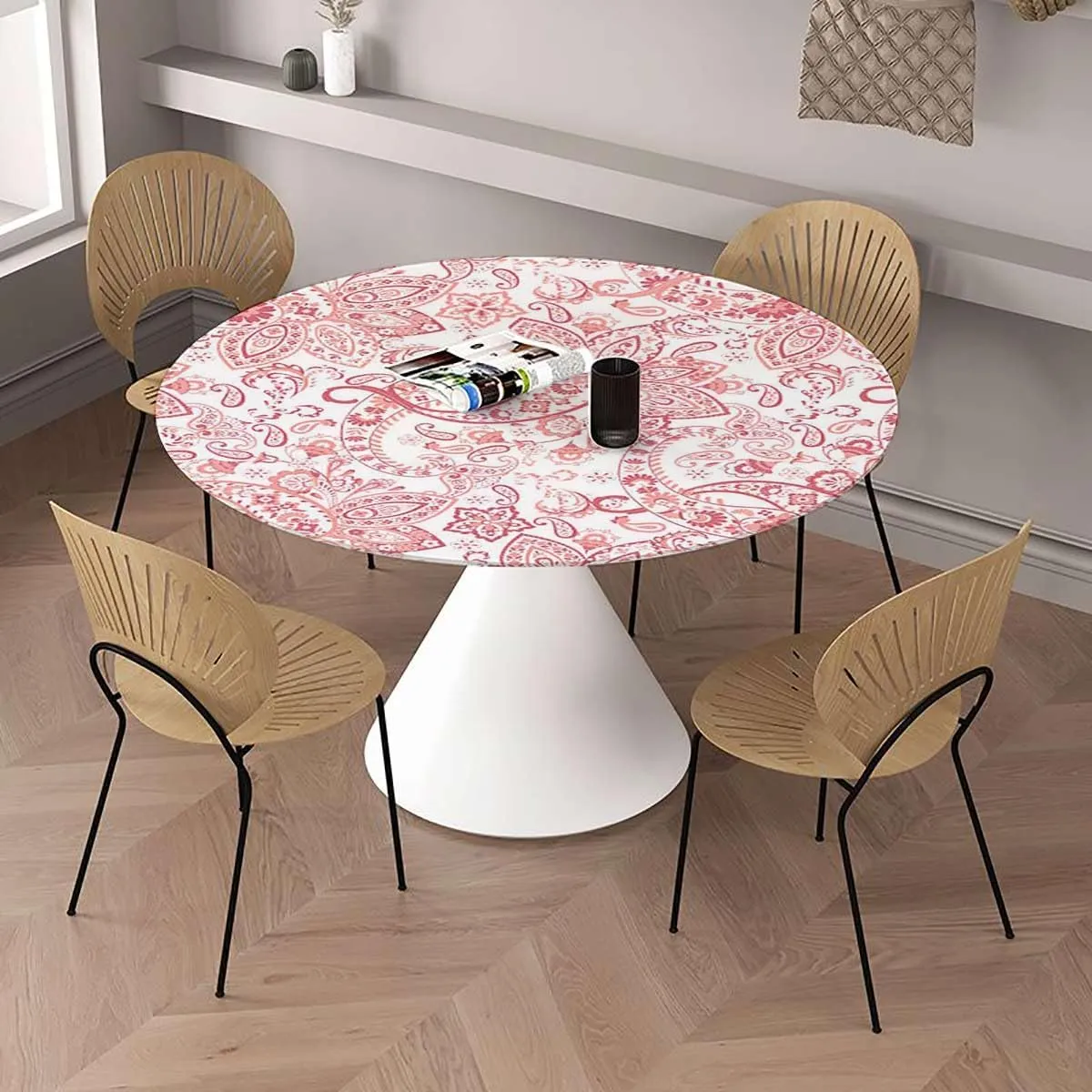 Circular Fitting Tablecloth Elasticity Romantic Rose Flower Bouquet Blooms Pastel Waterproof Elastic Edge Round Cover Anti Fading Tablecloth Floral Fits up 42"-46" Diameter Tables Light Pink