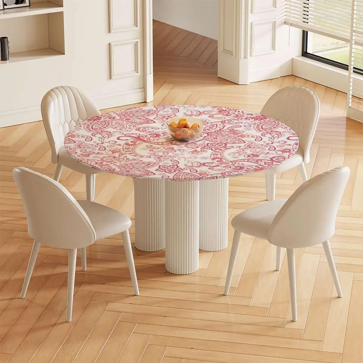 Circular Fitting Tablecloth Elasticity Romantic Rose Flower Bouquet Blooms Pastel Waterproof Elastic Edge Round Cover Anti Fading Tablecloth Floral Fits up 42"-46" Diameter Tables Light Pink