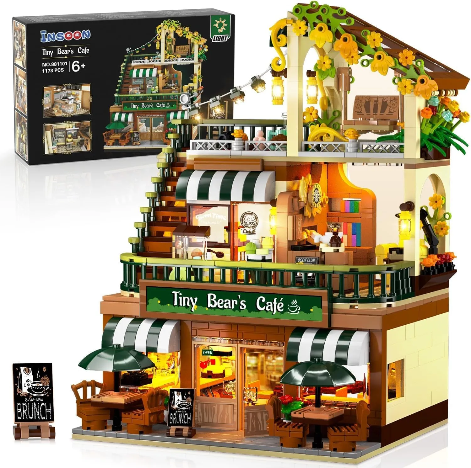 City Coffee House Building Set with Light, 1173 PCS Cafe Shop Building Block Toy with Ordering Counter Baking Room, Architecture Construction Model for Adults Teens Kids Boys Girls Ages 6-12 