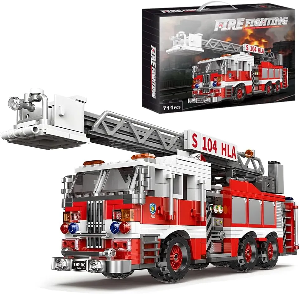 City Ladder Fire Truck Rescue Building Set Toy (711PCS Firetruck Building Block Fire Engine Collectible Bricks Ideas Kits Fun Birthday Gift for Boys and Girls Kids Adults Christmas