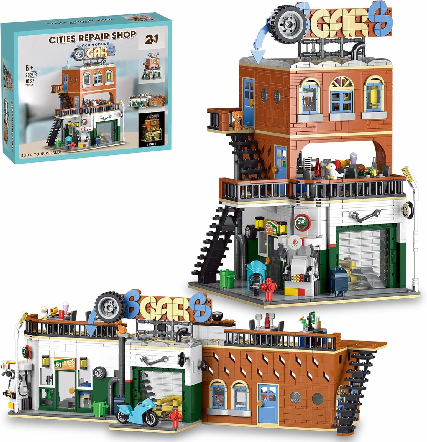 City Car Repair Shop Building Sets, Auto Repair House Convenience Store Restaurant Modular with Light for Boys and Adults