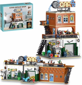 City Car Repair Shop Building Sets, Auto Repair House Convenience Store Restaurant Modular with Light for Boys and Adults