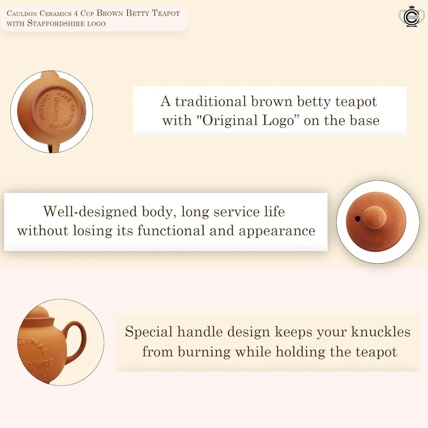 Classic Terracotta Teapot with Logo | Hand Made 4 Cup Teapot | Made with Staffordshire Red Clay | Traditional Teapot for Teabags | Authentic, Made in England Teapot | 36 Ounces