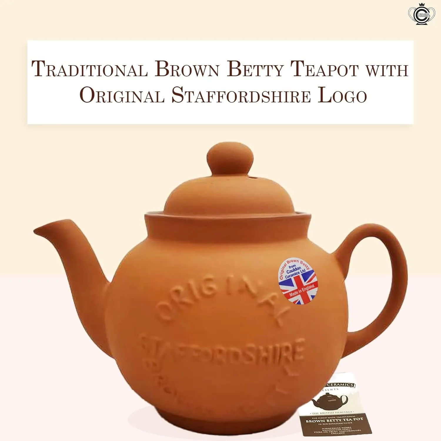 Classic Terracotta Teapot with Logo | Hand Made 4 Cup Teapot | Made with Staffordshire Red Clay | Traditional Teapot for Teabags | Authentic, Made in England Teapot | 36 Ounces