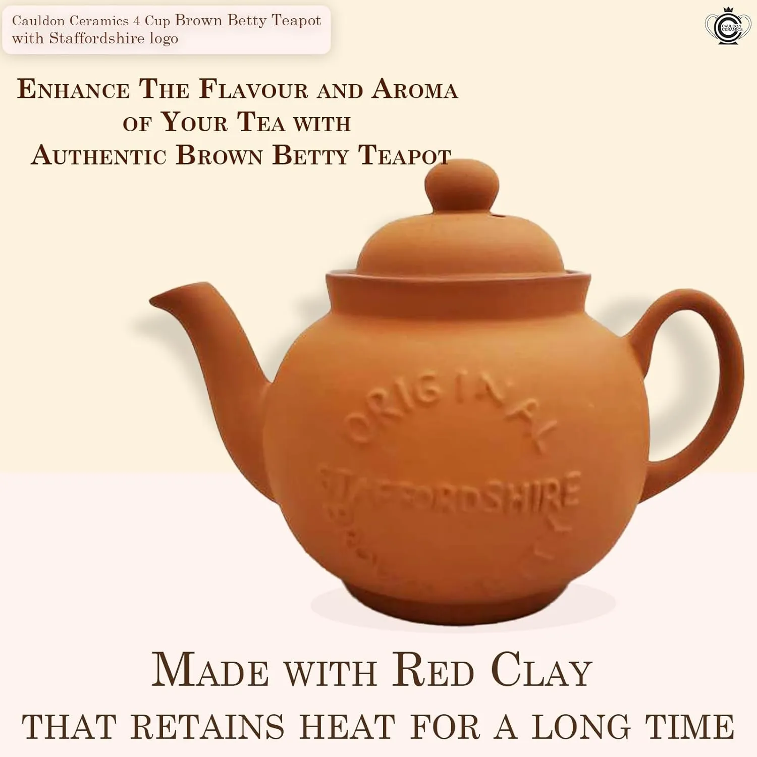 Classic Terracotta Teapot with Logo | Hand Made 4 Cup Teapot | Made with Staffordshire Red Clay | Traditional Teapot for Teabags | Authentic, Made in England Teapot | 36 Ounces