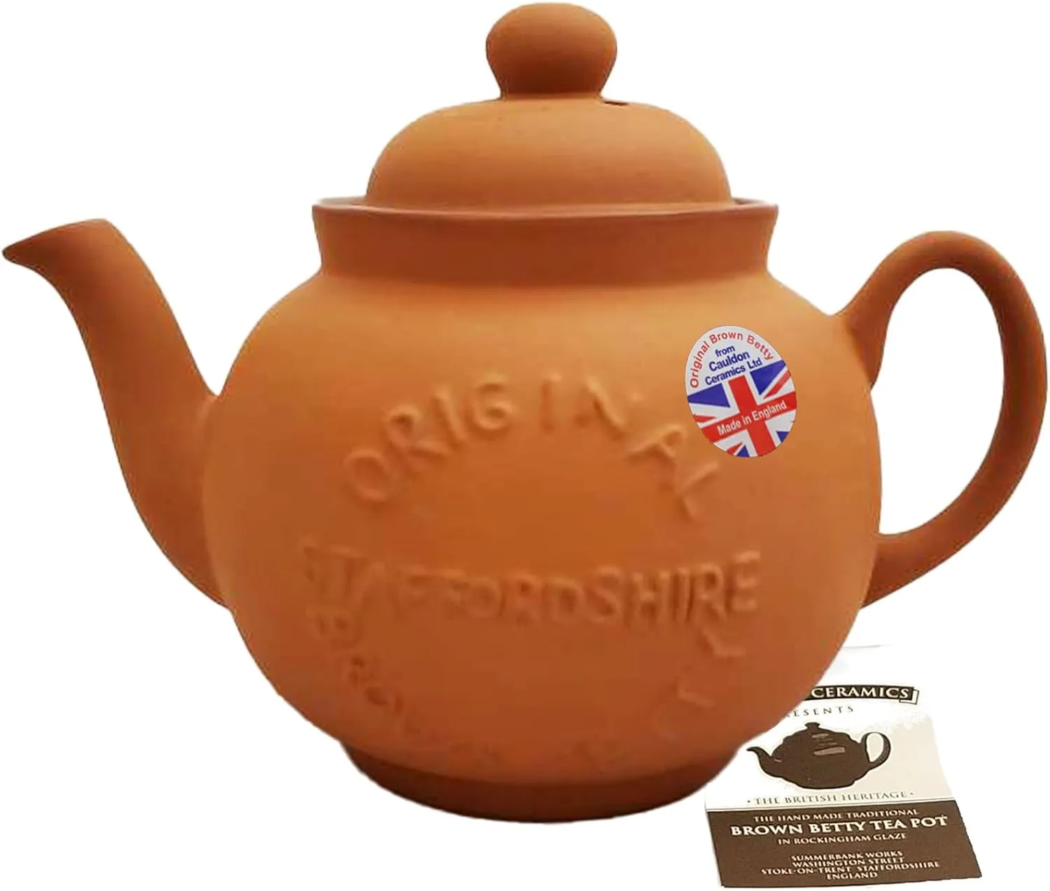 Classic Terracotta Teapot with Logo | Hand Made 4 Cup Teapot | Made with Staffordshire Red Clay | Traditional Teapot for Teabags | Authentic, Made in England Teapot | 36 Ounces