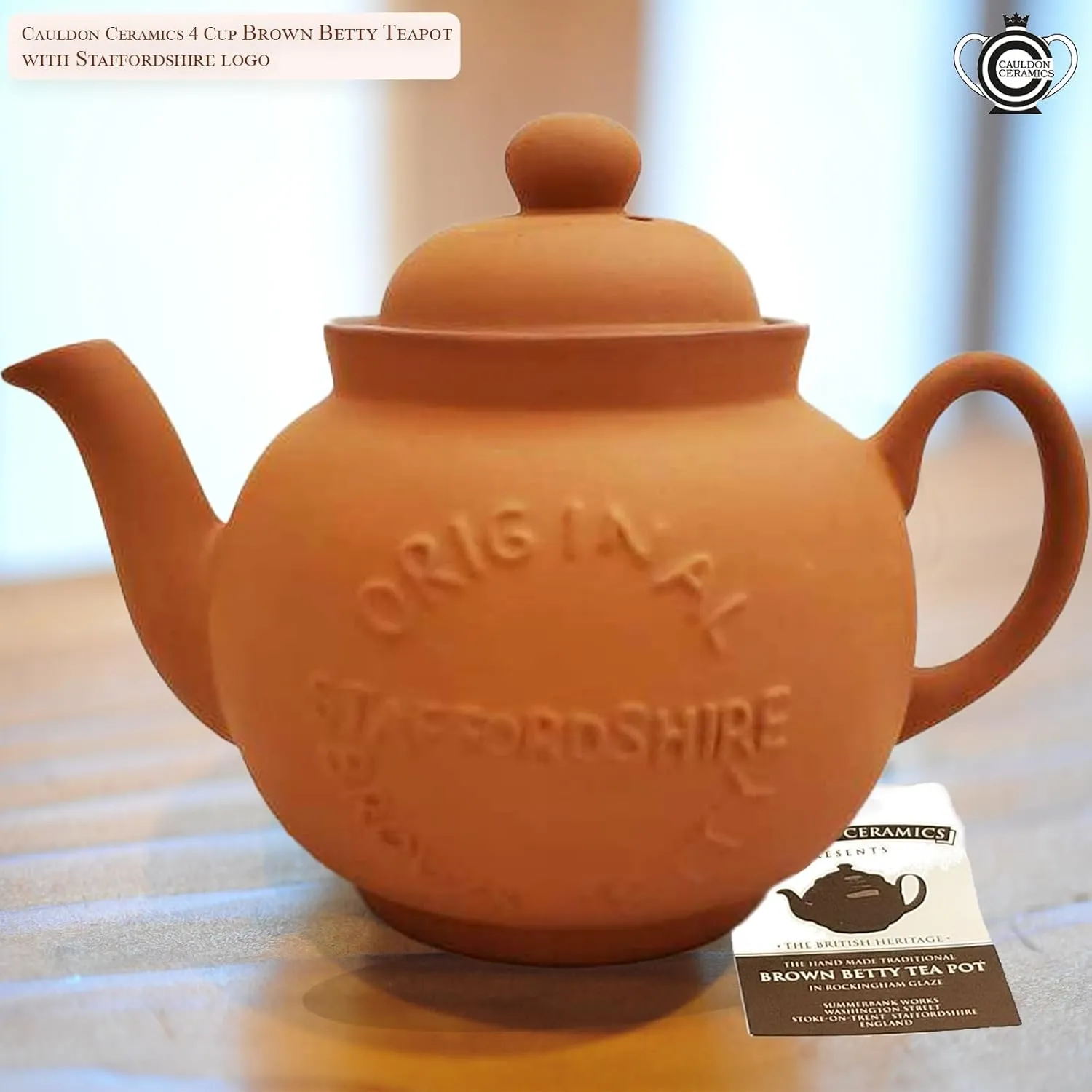 Classic Terracotta Teapot with Logo | Hand Made 4 Cup Teapot | Made with Staffordshire Red Clay | Traditional Teapot for Teabags | Authentic, Made in England Teapot | 36 Ounces