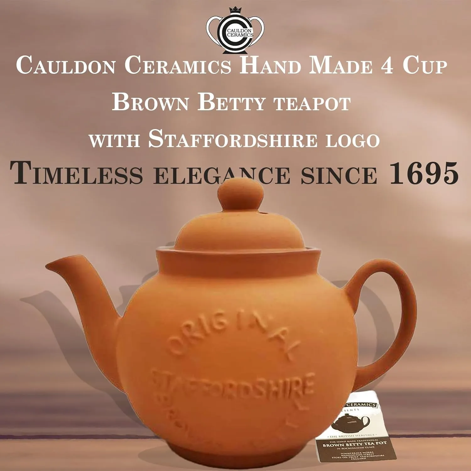 Classic Terracotta Teapot with Logo | Hand Made 4 Cup Teapot | Made with Staffordshire Red Clay | Traditional Teapot for Teabags | Authentic, Made in England Teapot | 36 Ounces