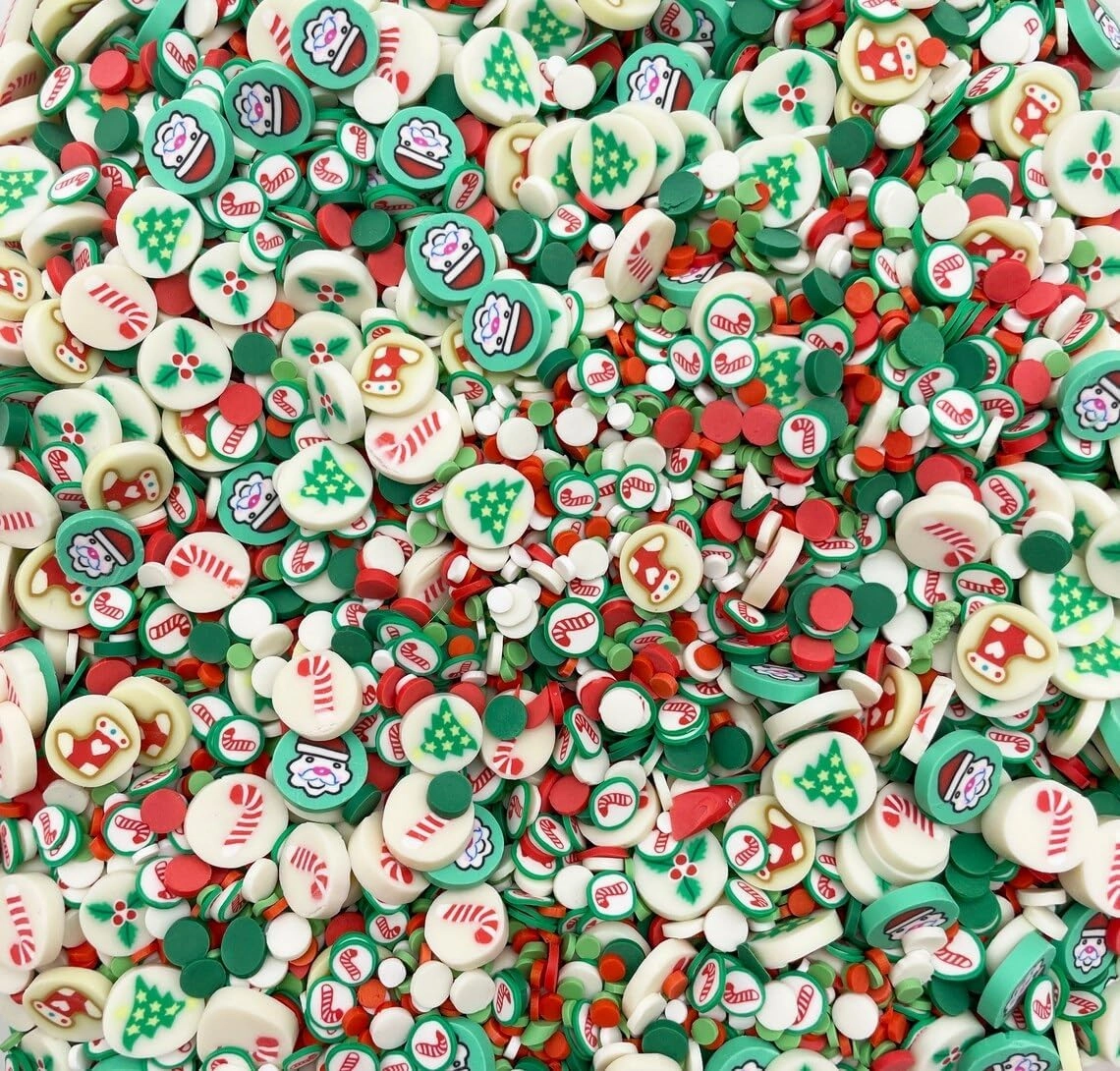 Classic Christmas Cookie Polymer Clay Sprinkles, Fake Bake Xmas Confetti for Nail Art Slime Decoden Funfetti Jimmies - Not Edible (Green and Red, 30 gram Bag)