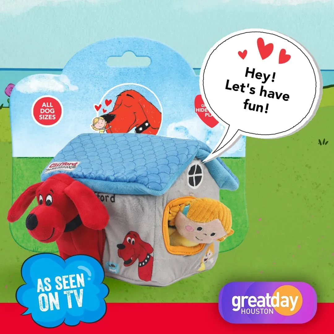 Clifford® Cozy House Puzzle Toys for Dogs | Hide and Seek Mentally Stimulating Toys for Dogs | 7.9" Plush Dog Toy, Extra Characters, Squeakers, Crazy Crinkle Fun