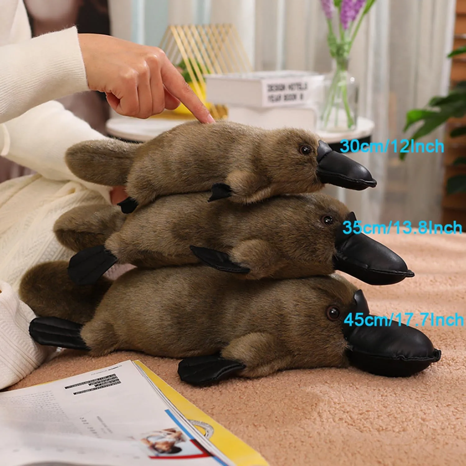 Coffee 14 Inch Fluffy Realistic Look Soft Plush Platypus Figure Toy, Kawaii Platypus Plushie Duckbill Gift for Kids and Lovers