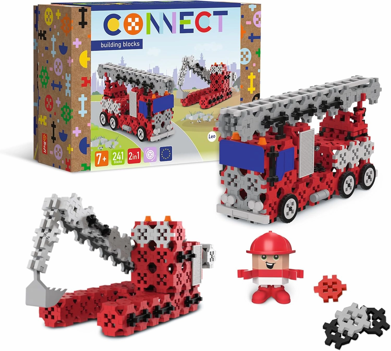 Connect Trefl 2-in-1 Construction Bricks, Fire Brigade / Construction Excavator - 241 Pieces: 236 Bricks   5 Bricks Figure, for Adults and Children from 7 Years