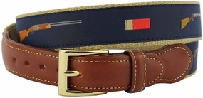 COUNTRY CLUB PREP Shotgun and Shells Leather Tab Belt in Navy on Khaki Canvas