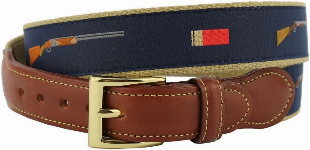 COUNTRY CLUB PREP Shotgun and Shells Leather Tab Belt in Navy on Khaki Canvas
