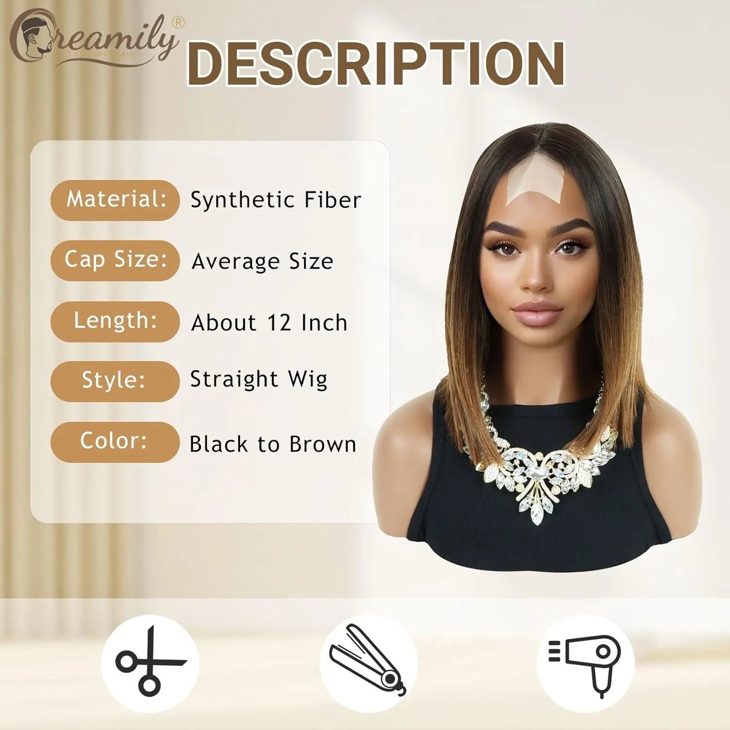 Creamily 12 Inch Shoulder Length Ombre Brown Bob Wigs for Women Small Lace Front Wigs Middle Part Straight Synthetic Natural Hair Replacement Wigs for Women