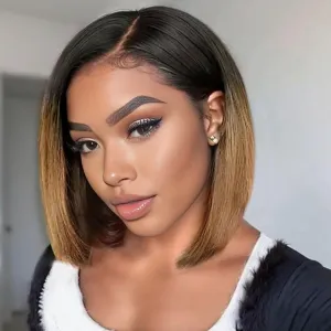 Creamily 12 Inch Shoulder Length Ombre Brown Bob Wigs for Women Small Lace Front Wigs Middle Part Straight Synthetic Natural Hair Replacement Wigs for Women