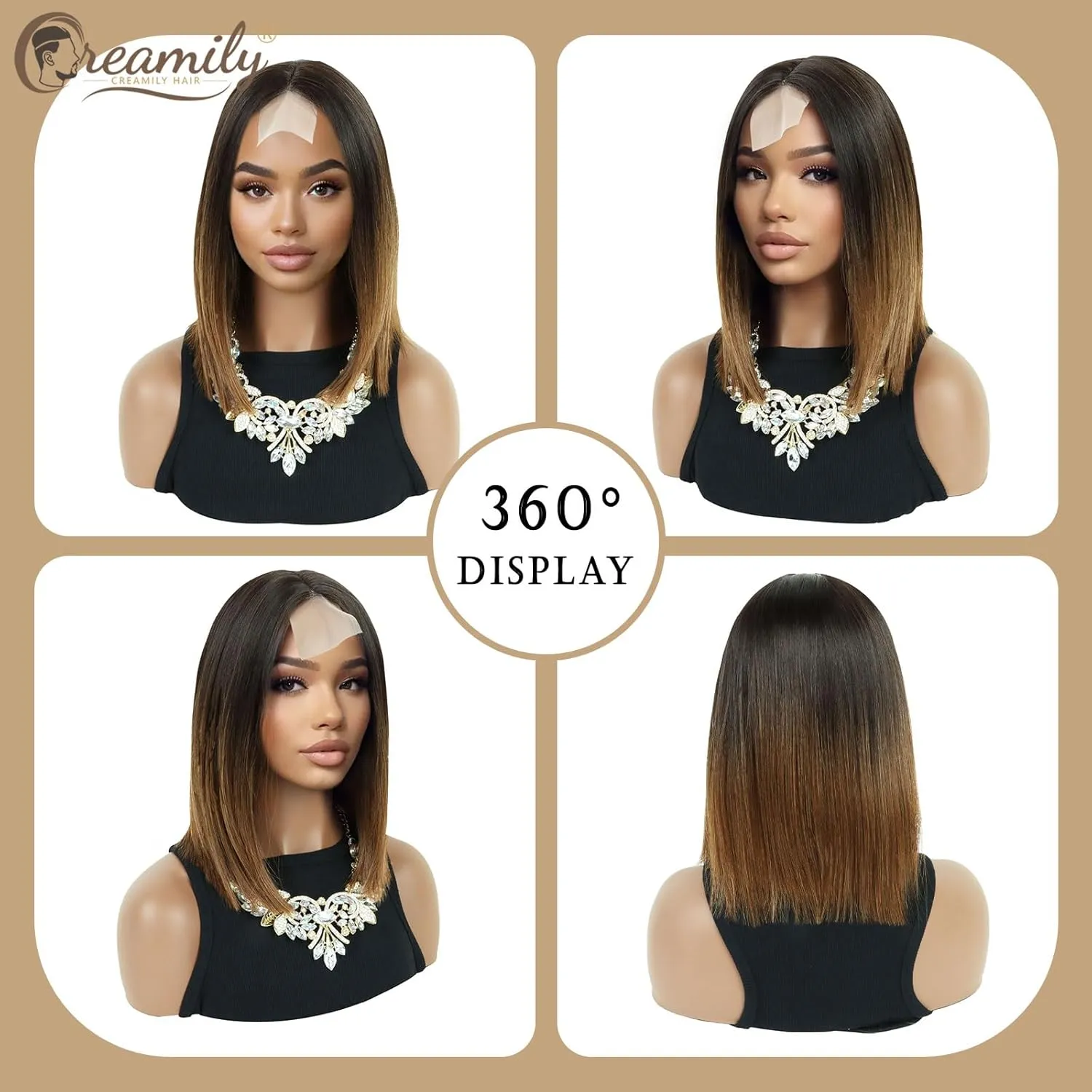 Creamily 12 Inch Shoulder Length Ombre Brown Bob Wigs for Women Small Lace Front Wigs Middle Part Straight Synthetic Natural Hair Replacement Wigs for Women