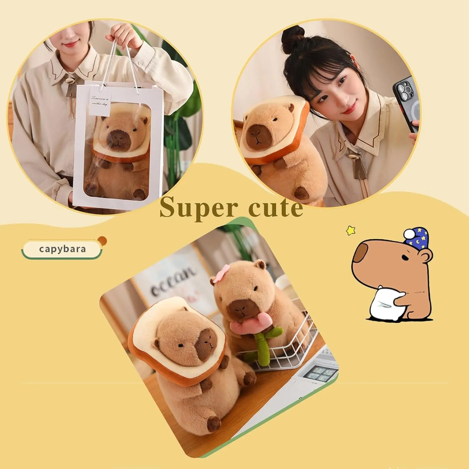 Cute Capybar Stuffed Animals with Wearable Toast headsetwear Capybar, Gifts for Kids (15.8 in Bread Capybar)