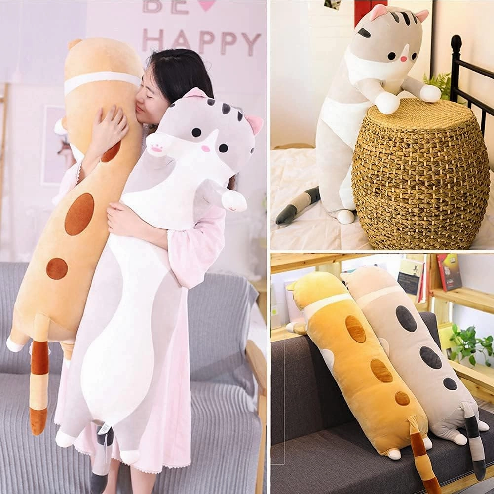 Cute Cat Plush Long Body Pillow Cuddle Cartoon Stuffed Animals Cat Plushie Soft Doll Pillows Gifts for Kids Girls (Gray, 43")