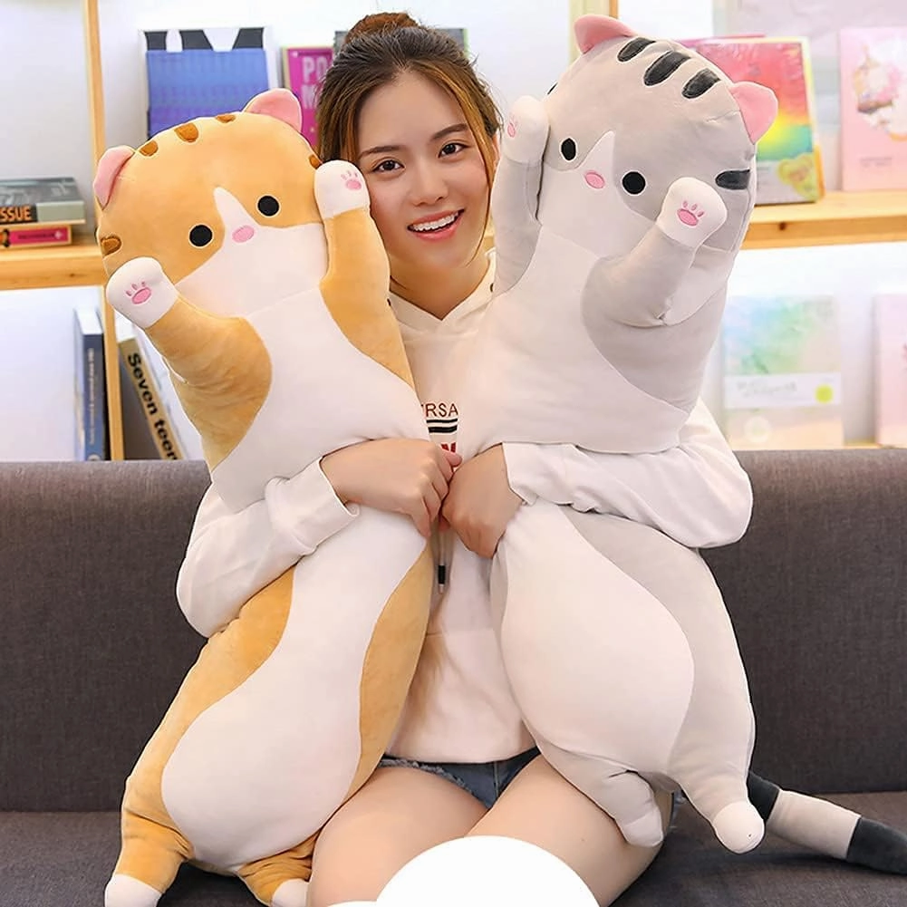 Cute Cat Plush Long Body Pillow Cuddle Cartoon Stuffed Animals Cat Plushie Soft Doll Pillows Gifts for Kids Girls (Gray, 43")