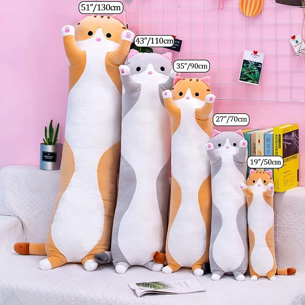 Cute Cat Plush Long Body Pillow Cuddle Cartoon Stuffed Animals Cat Plushie Soft Doll Pillows Gifts for Kids Girls (Gray, 43")