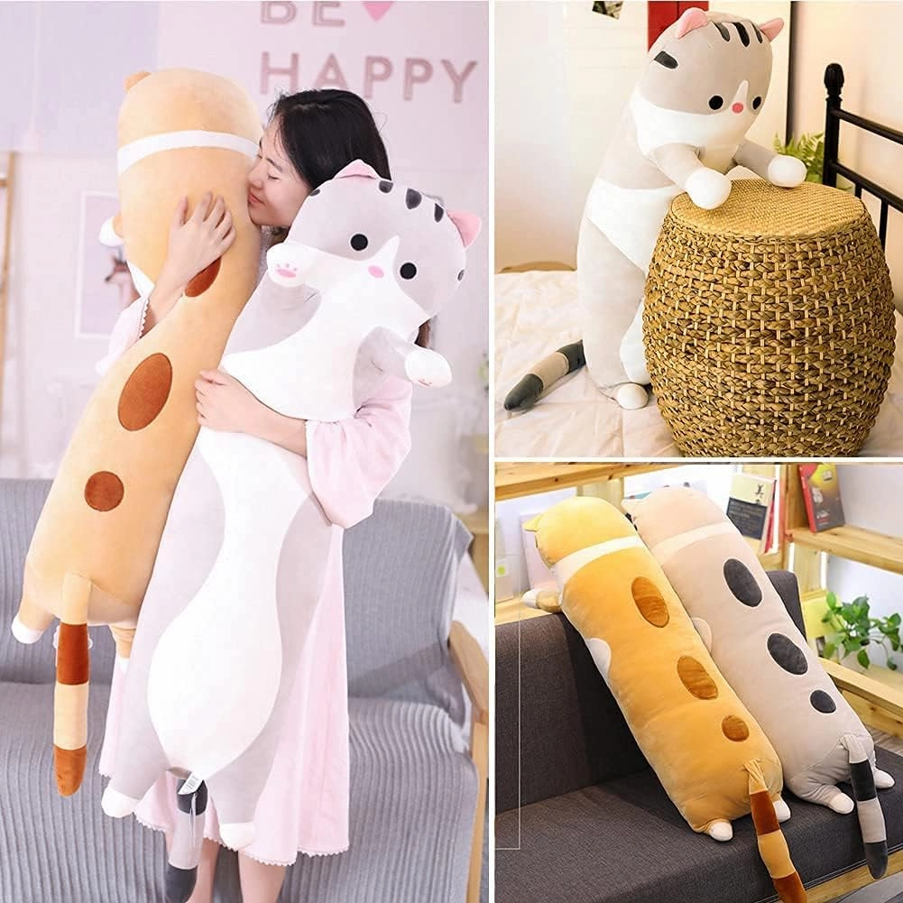 Cute Cat Plush Long Body Pillow Cuddle Cartoon Stuffed Animals Cat Plushie Soft Doll Pillows Gifts for Kids Girls (Orange, 27")