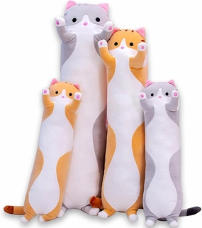 Cute Cat Plush Long Body Pillow Cuddle Cartoon Stuffed Animals Cat Plushie Soft Doll Pillows Gifts for Kids Girls (Orange, 27")