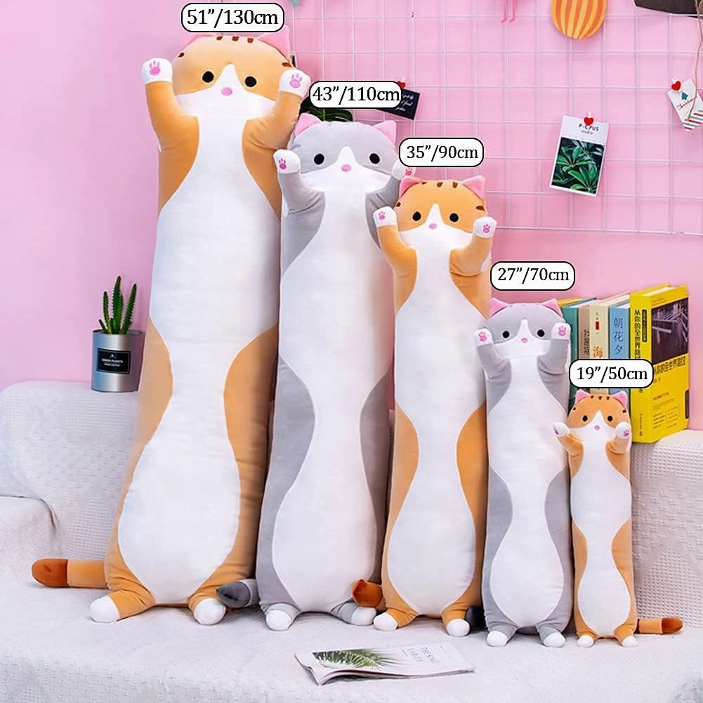 Cute Cat Plush Long Body Pillow Cuddle Cartoon Stuffed Animals Cat Plushie Soft Doll Pillows Gifts for Kids Girls (Orange, 27")