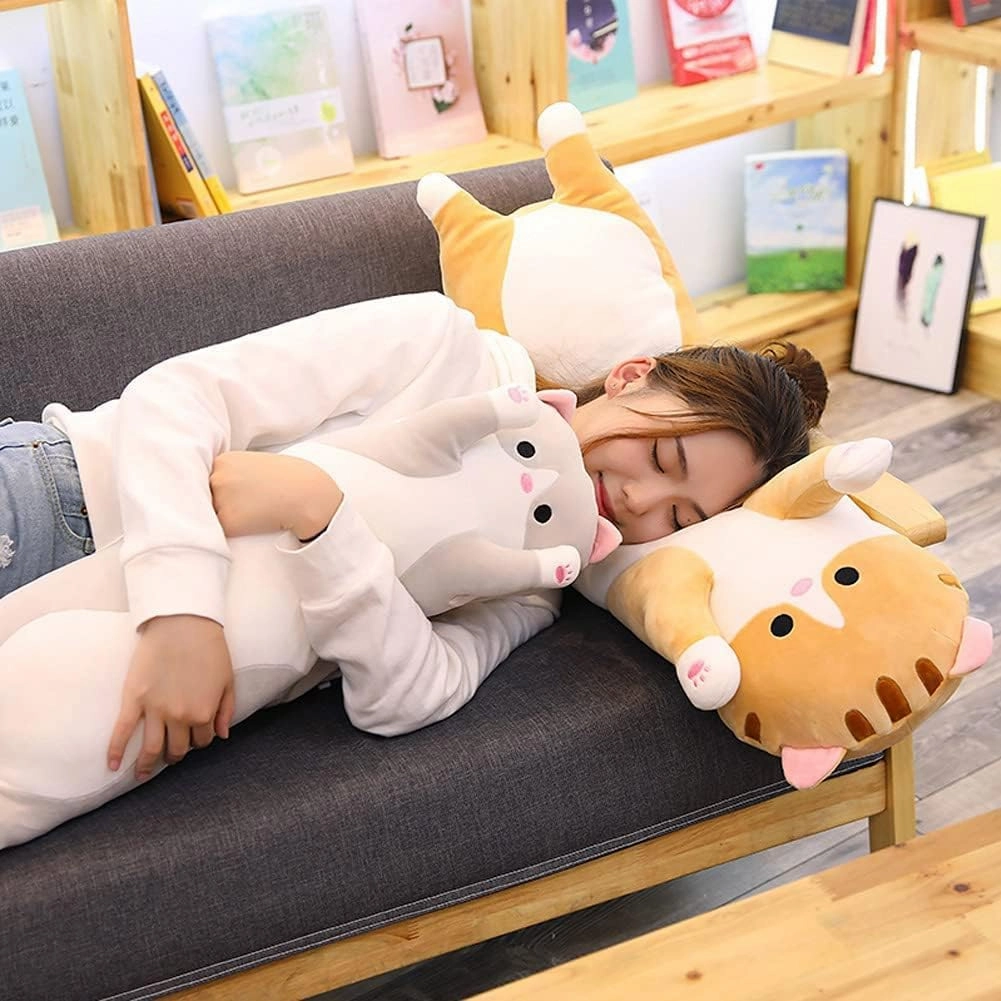 Cute Cat Plush Long Body Pillow Cuddle Cartoon Stuffed Animals Cat Plushie Soft Doll Pillows Gifts for Kids Girls (Orange, 27")