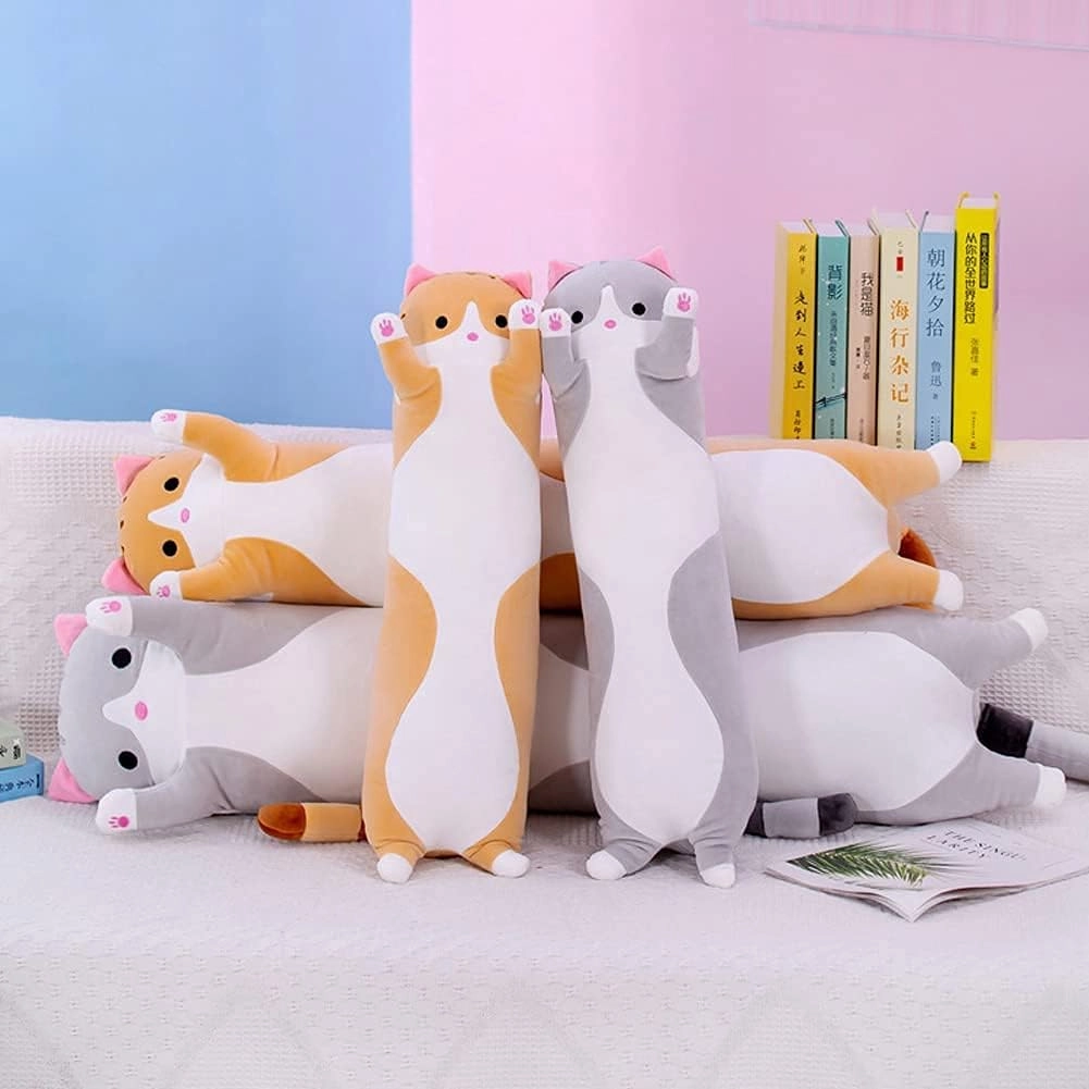 Cute Cat Plush Long Body Pillow Cuddle Cartoon Stuffed Animals Cat Plushie Soft Doll Pillows Gifts for Kids Girls (Orange, 27")