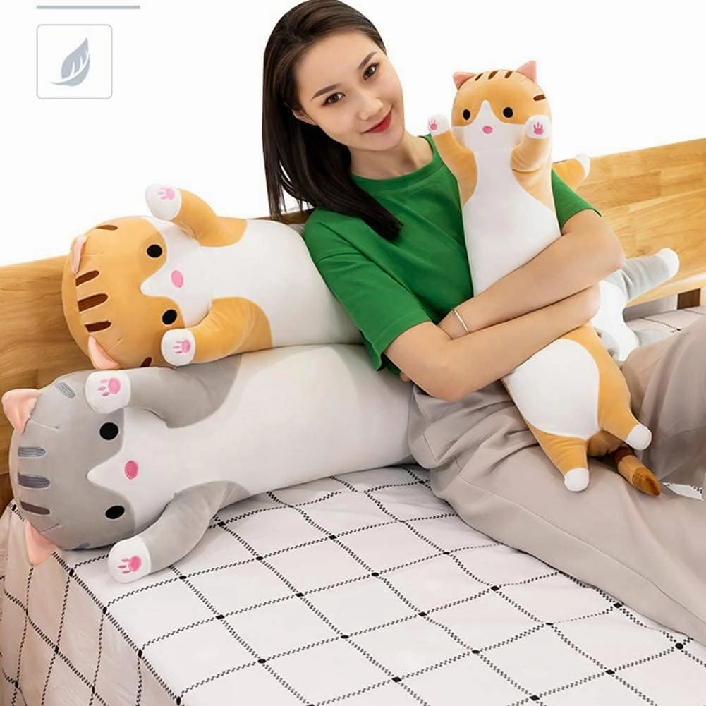 Cute Cat Plush Long Body Pillow Cuddle Cartoon Stuffed Animals Cat Plushie Soft Doll Pillows Gifts for Kids Girls (Orange, 27")