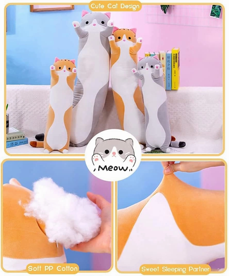 Cute Cat Plush Long Body Pillow Cuddle Cartoon Stuffed Animals Cat Plushie Soft Doll Pillows Gifts for Kids Girls (Orange, 27")