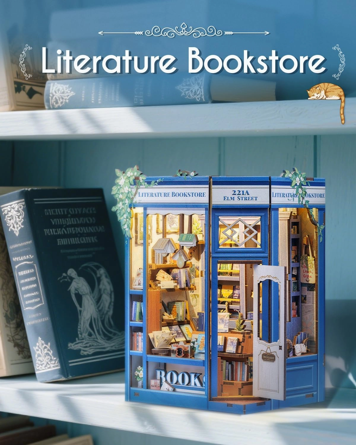 Cutefun 3D Wooden Puzzles for Adults, DIY Miniature House Book Nook Kit, 186 Piece 3D Puzzles for Adults and Teens, Bookshelf Insert Decor Creative Gifts for Beginners (Literature Bookstore)