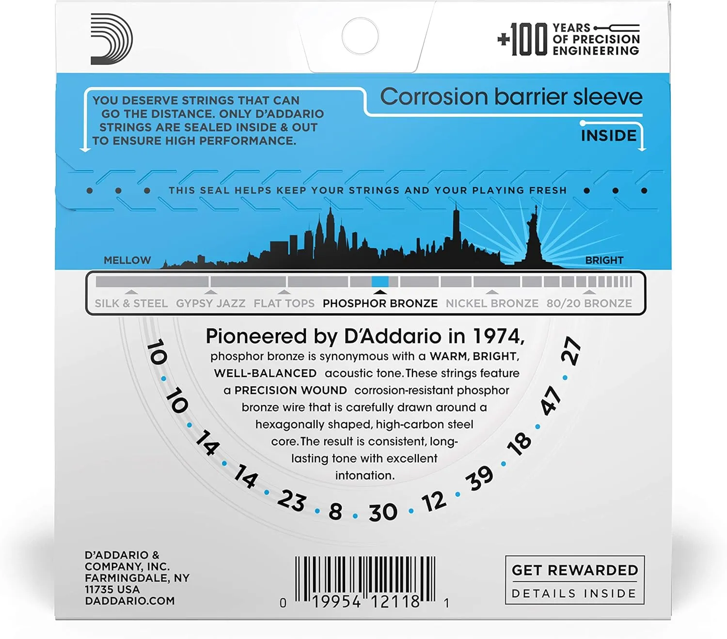 D'Addario Guitar Strings - Phosphor Bronze Acoustic Guitar Strings - EJ38 - Rich, Full Tonal Spectrum - For 12 String Guitars - 10-47 Light 12-String