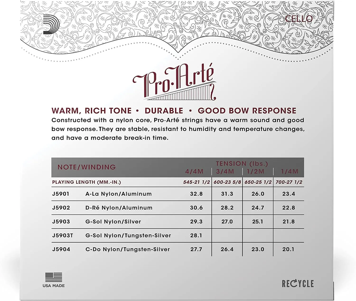 D'Addario Pro-Arte Cello String Set, 1/2 Scale, Medium Tension