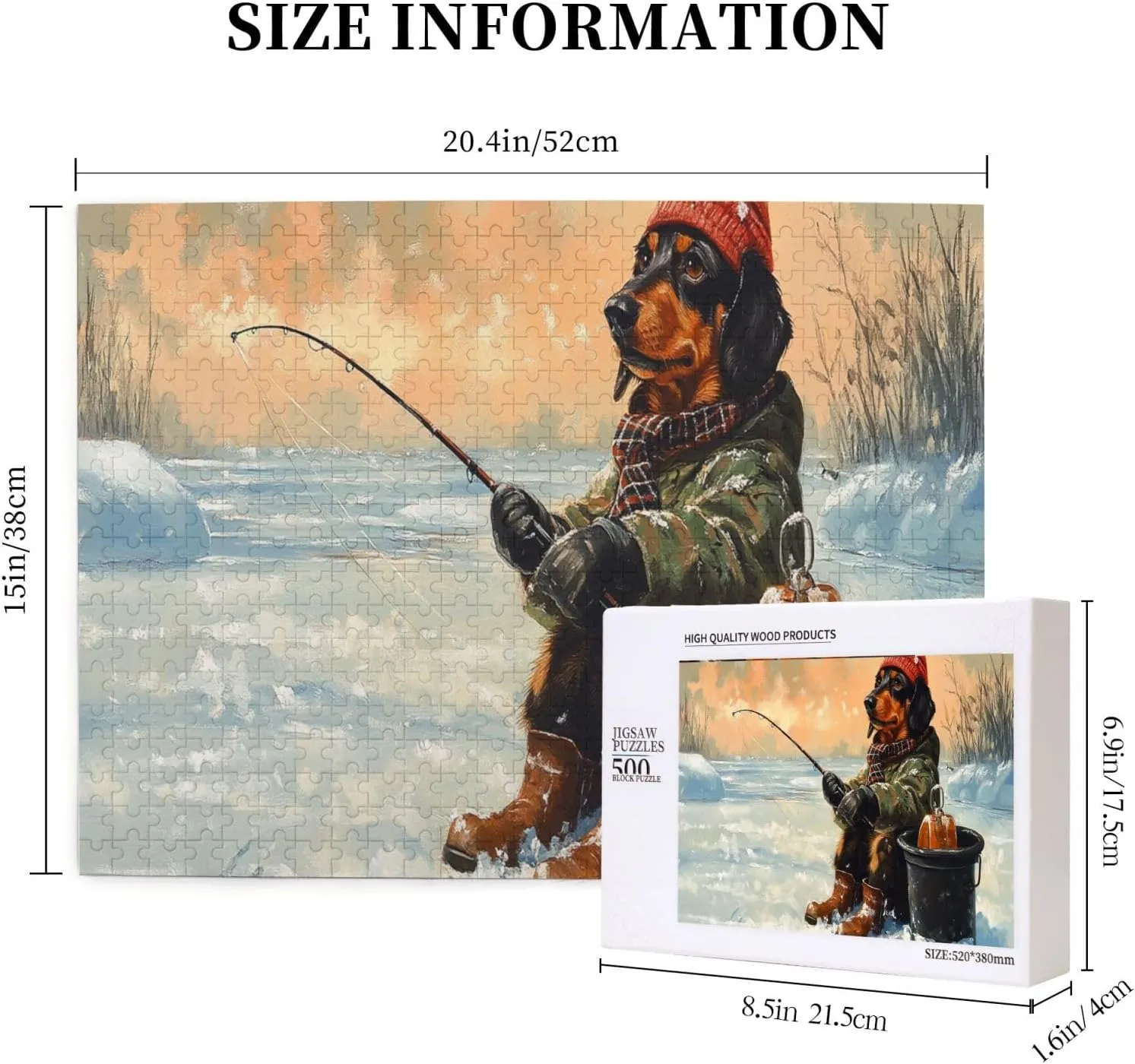 Dog Fishing in The Snow，500 Pcs Wooden Jigsaw Puzzles,Let Your Imagination Run Wild，Fun and Entertaining Game to Complete in Your Free Time with The Family，Forget The Troubles of Life