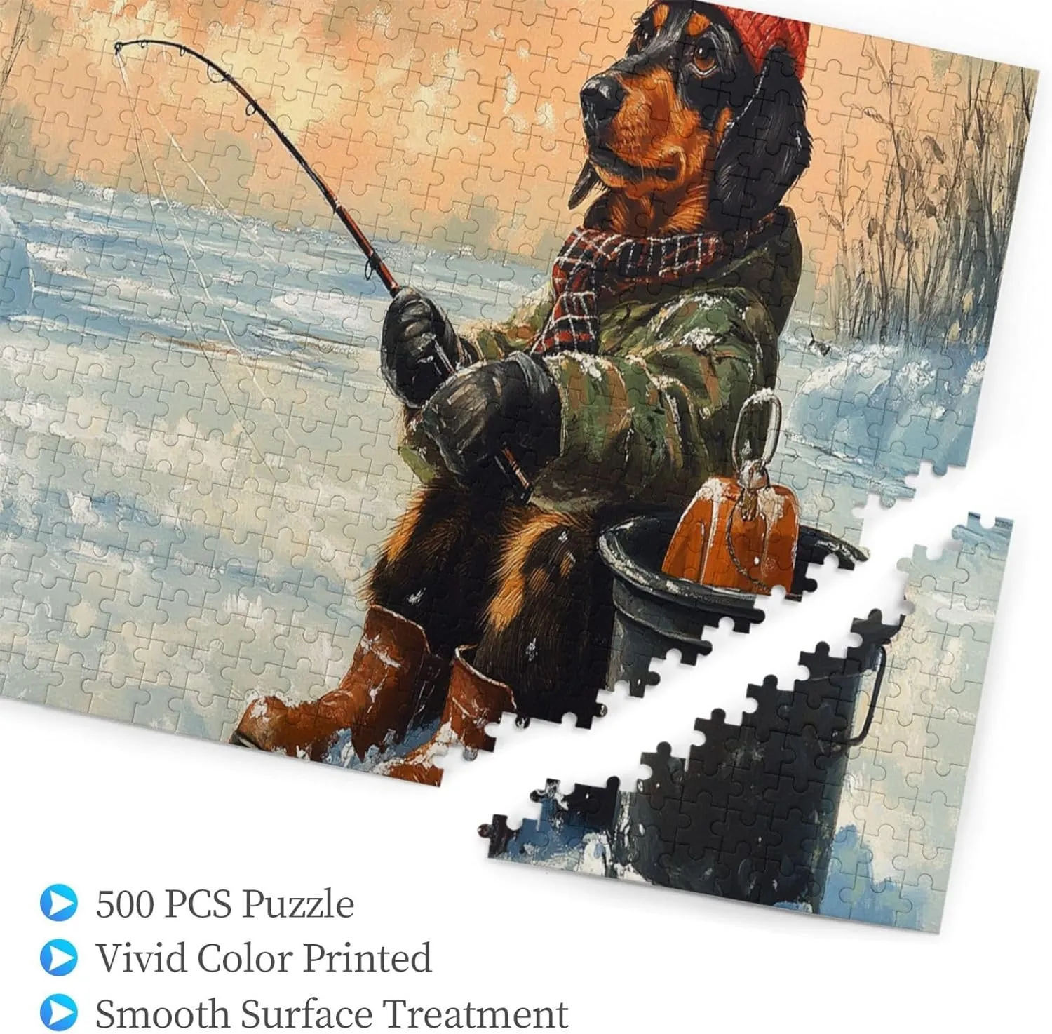 Dog Fishing in The Snow，500 Pcs Wooden Jigsaw Puzzles,Let Your Imagination Run Wild，Fun and Entertaining Game to Complete in Your Free Time with The Family，Forget The Troubles of Life