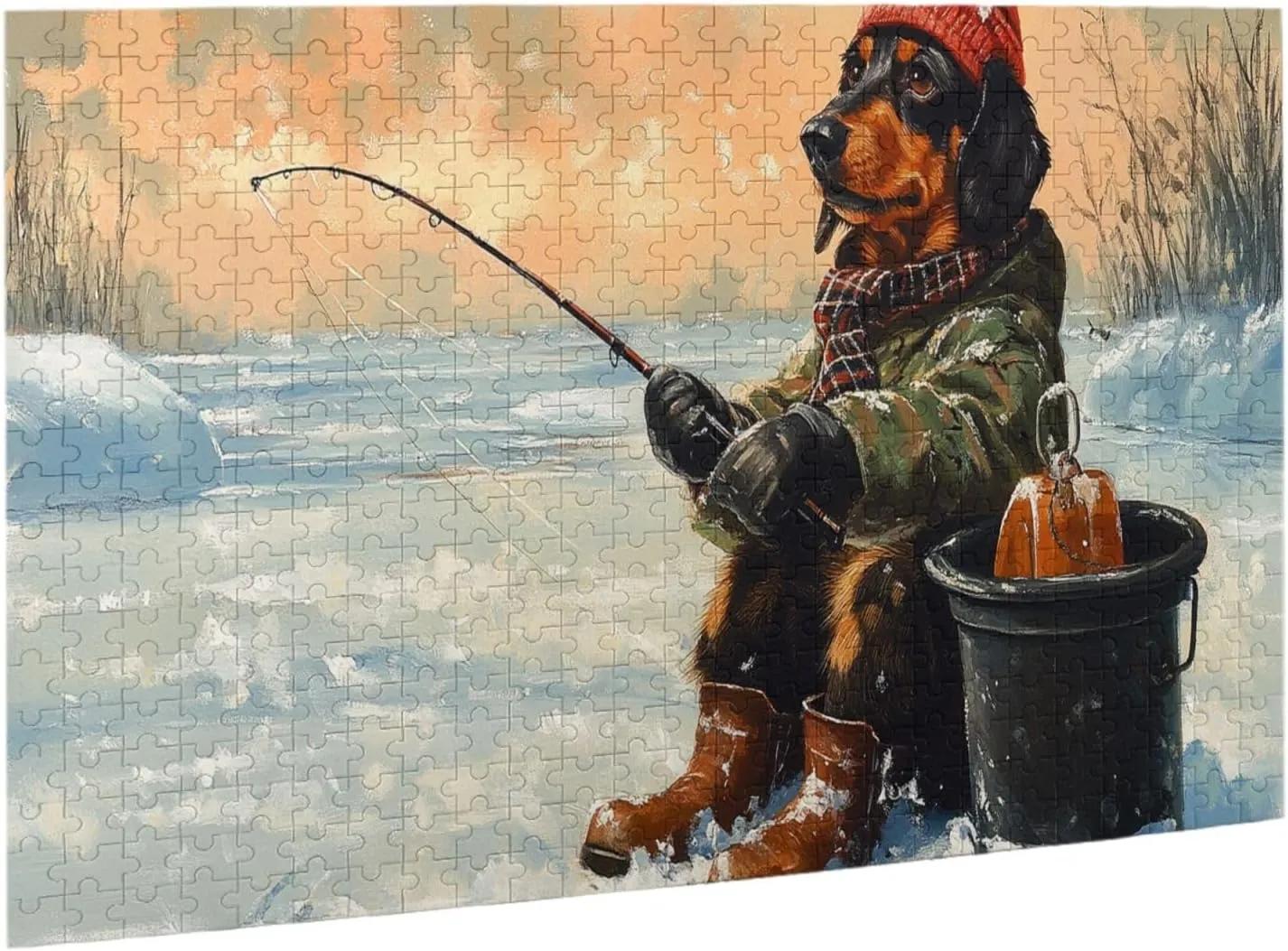 Dog Fishing in The Snow，500 Pcs Wooden Jigsaw Puzzles,Let Your Imagination Run Wild，Fun and Entertaining Game to Complete in Your Free Time with The Family，Forget The Troubles of Life