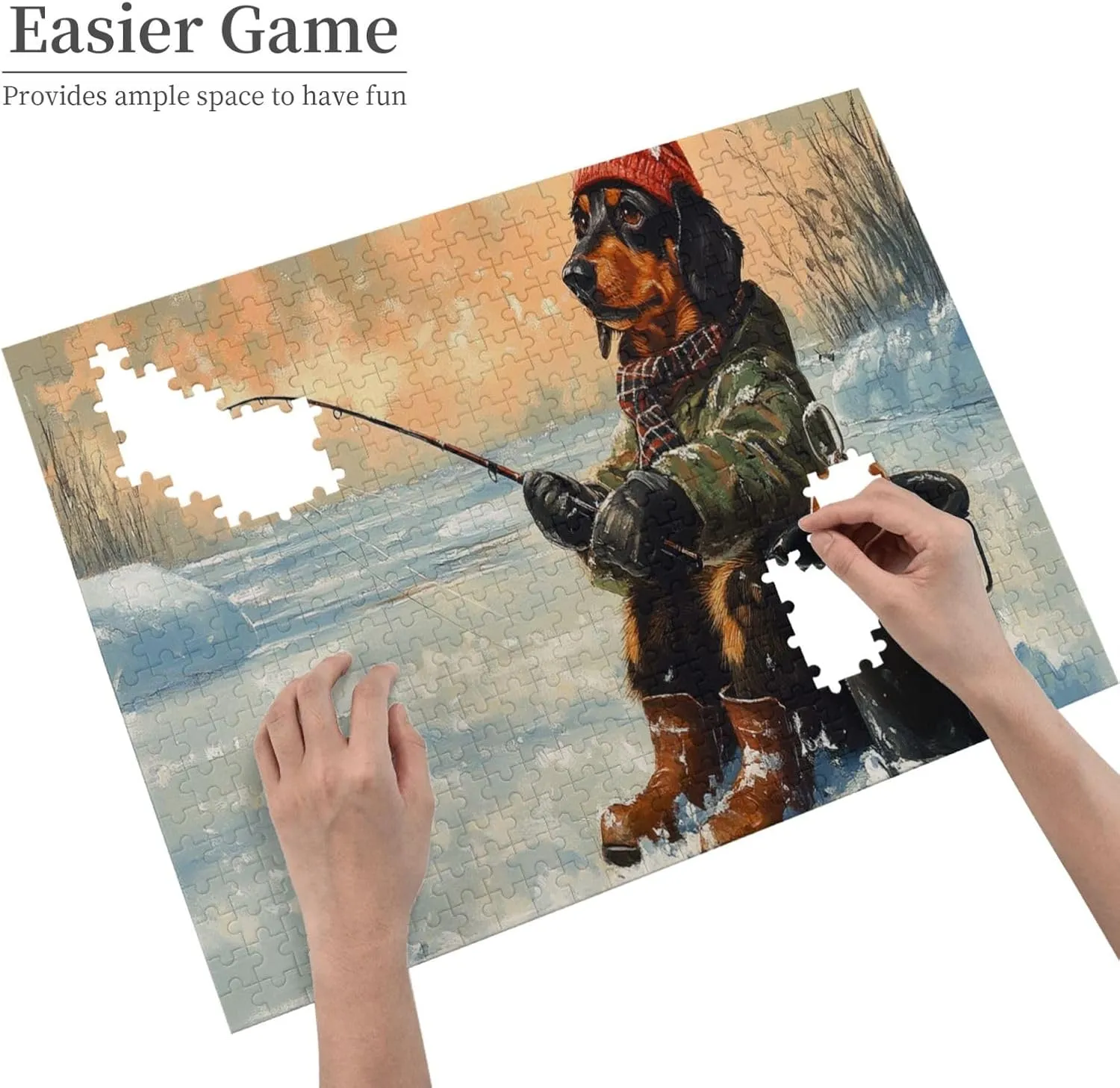 Dog Fishing in The Snow，500 Pcs Wooden Jigsaw Puzzles,Let Your Imagination Run Wild，Fun and Entertaining Game to Complete in Your Free Time with The Family，Forget The Troubles of Life