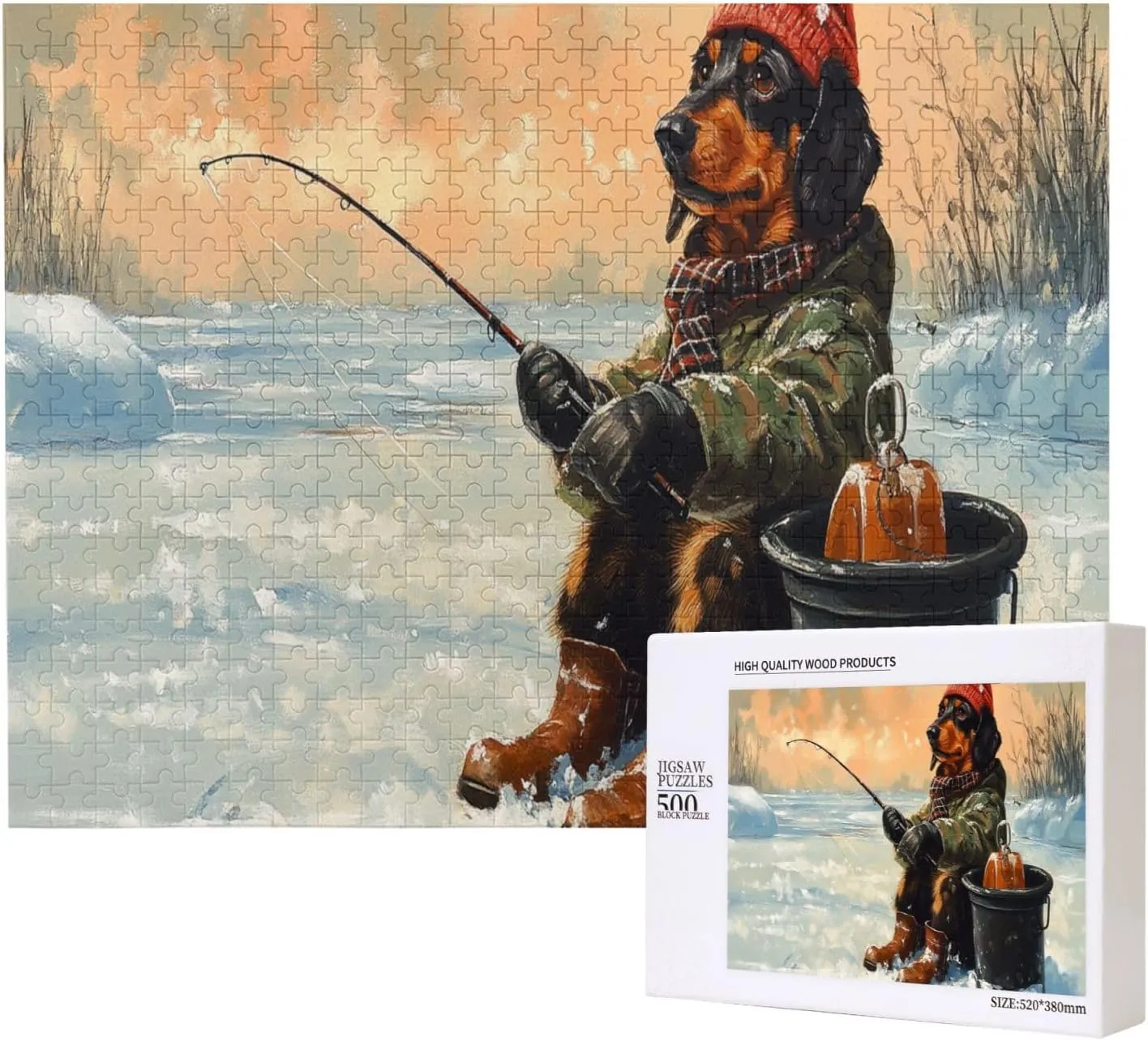 Dog Fishing in The Snow，500 Pcs Wooden Jigsaw Puzzles,Let Your Imagination Run Wild，Fun and Entertaining Game to Complete in Your Free Time with The Family，Forget The Troubles of Life