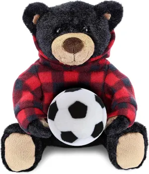 DolliBu Black Bear Stuffed Animal with Soccer Ball Plush - Soft Huggable Teddy Bear, Adorable Playtime Black Bear Plush Toy, Cute Space Life Sports Gift for Kids and Adults - 10 Inch