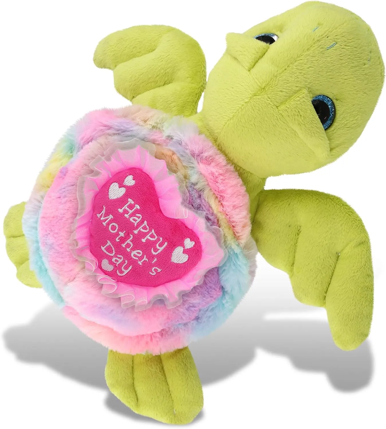 DolliBu Happy Mother's Day Rainbow Green Sea Turtle - Cute Stuffed Animal with Pink Heart Message for Best Mommy, Grandma, Wife, Daughter - Cute Ocean Life Plush Toy Mom Gift - 10 Inches