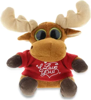 DolliBu I Love You Valentine Plush Big Eye Sitting Moose - Cute Stuffed Animal with Red Shirt and Name Personalization Gift for Valentines Day, Birthday, Anniversary - 6 Inches