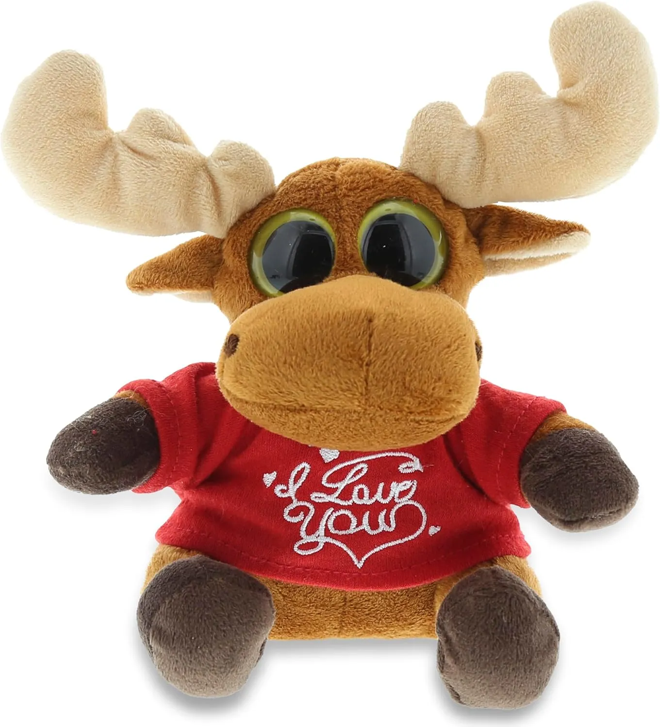 DolliBu I Love You Valentine Plush Big Eye Sitting Moose - Cute Stuffed Animal with Red Shirt and Name Personalization Gift for Valentines Day, Birthday, Anniversary - 6 Inches